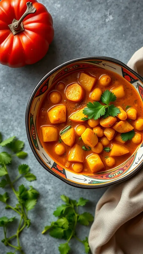 A bowl of curried potato and chickpea stew garnished with cilantro, surrounded by fresh ingredients.
