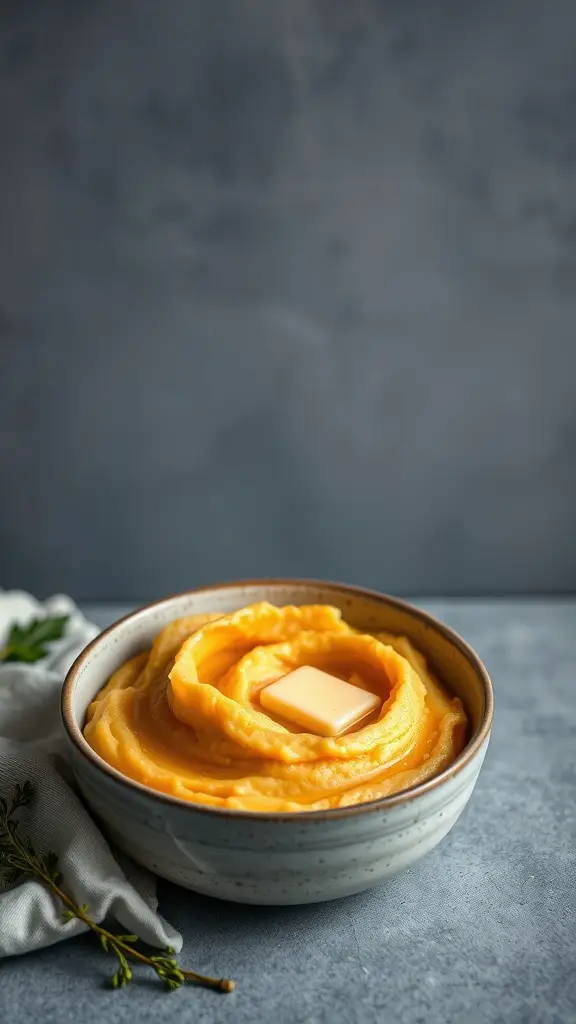 A bowl of creamy potato and carrot mash topped with a pat of butter.