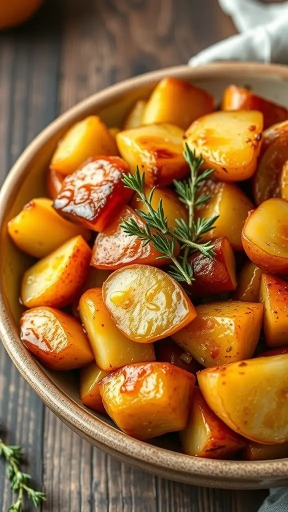 A bowl of mustard and honey roasted potatoes, featuring white, sweet, and purple varieties, garnished with fresh thyme.