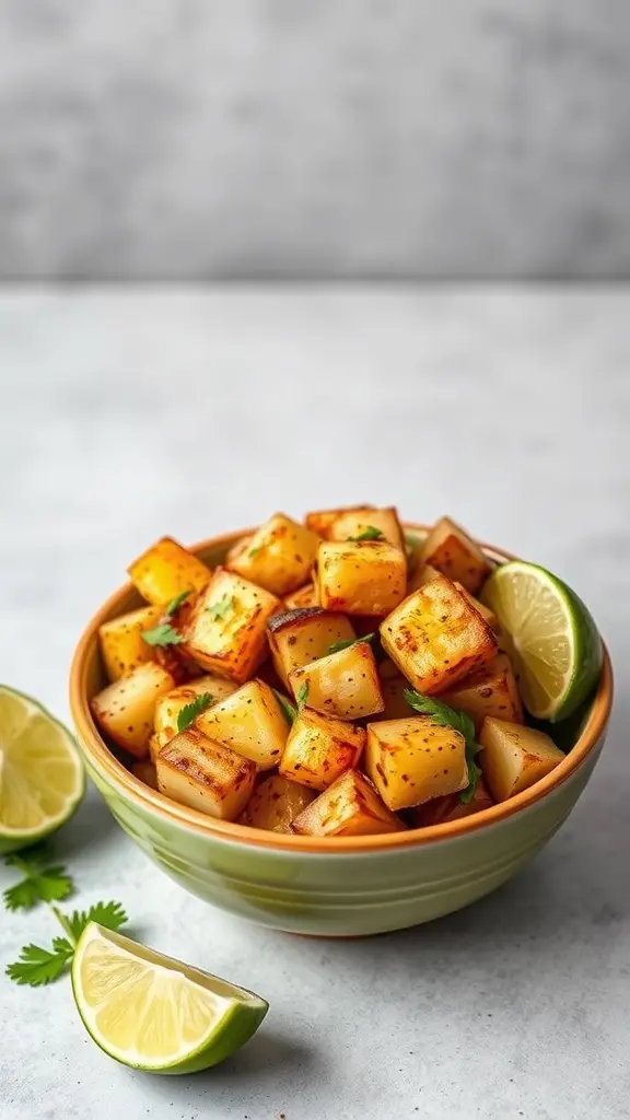 A bowl of roasted potatoes with chili lime seasoning, garnished with cilantro and lime wedges.
