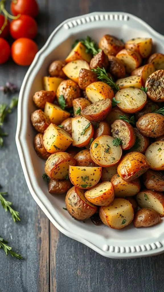 A dish of herb-crusted roasted potatoes including baby potatoes, sweet potatoes, and purple potatoes garnished with herbs.