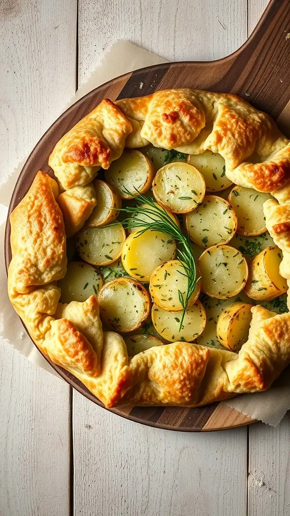 A delicious herbed potato galette with a golden crust and layered potatoes.