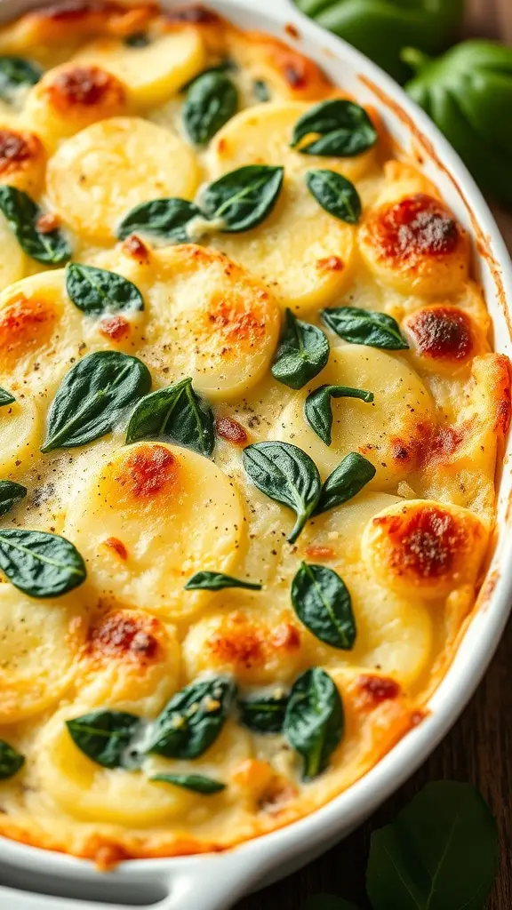 A creamy potato and spinach gratin with layers of white, purple, and sweet potatoes topped with fresh spinach.