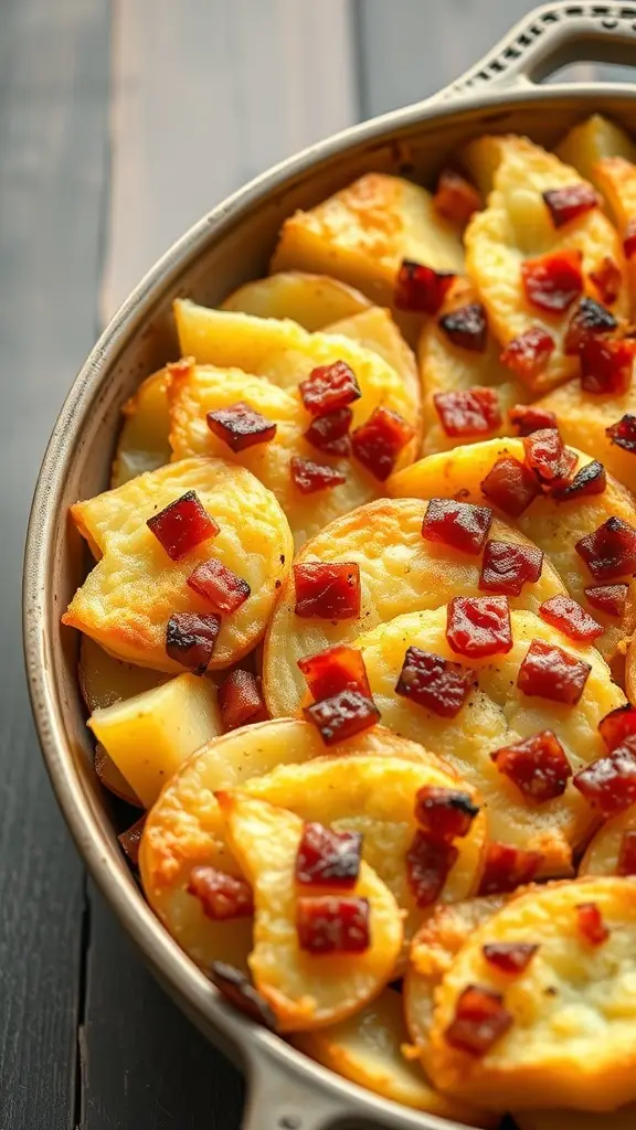 A savory potato and bacon bake featuring layers of white, sweet, and purple potatoes topped with crispy bacon and melted cheese.