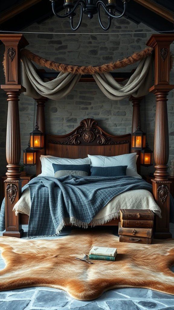 A cozy four-poster bed with wooden posts, layered blankets, and soft lighting, inspired by Winterfell.
