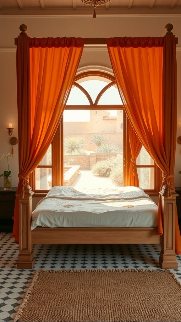 A cozy bedroom featuring a Lush Four-Poster Bed with orange curtains, large windows, and patterned flooring.
