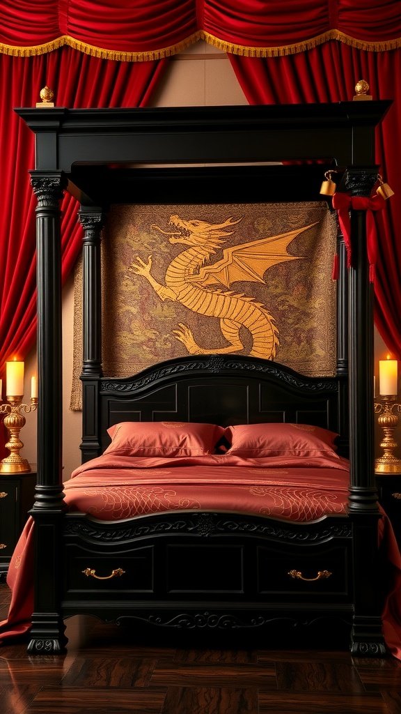 A luxurious four-poster bed with a dragon tapestry, surrounded by red drapes and candlelight.