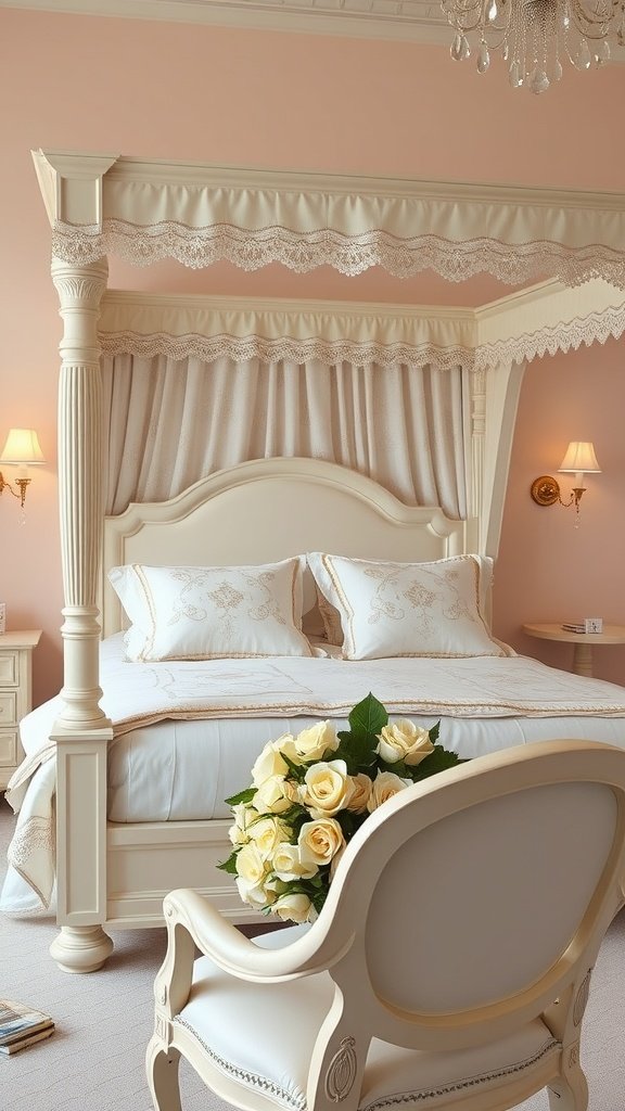 A beautifully decorated bedroom featuring a Lush Four-Poster Bed with draped fabric, a bouquet of yellow roses, and elegant furniture.