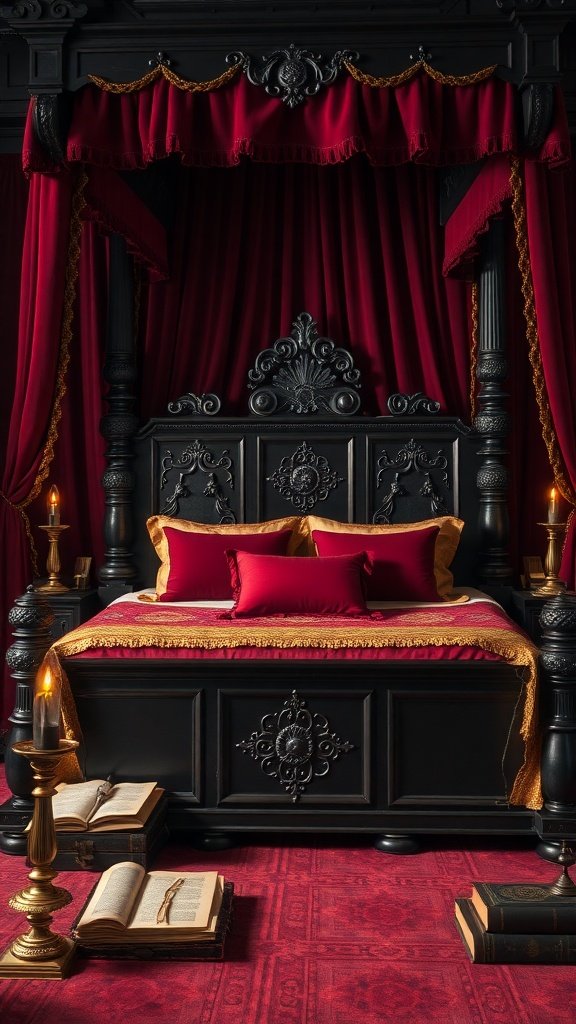 A luxurious four-poster bed with red drapes and black wooden frame, surrounded by candles and books.