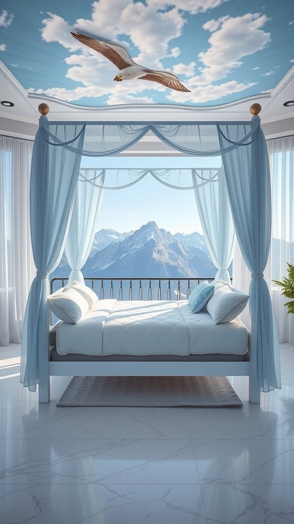 A beautifully designed bedroom featuring a Lush Four-Poster Bed with light blue drapes, overlooking a mountain view with a painted sky ceiling.
