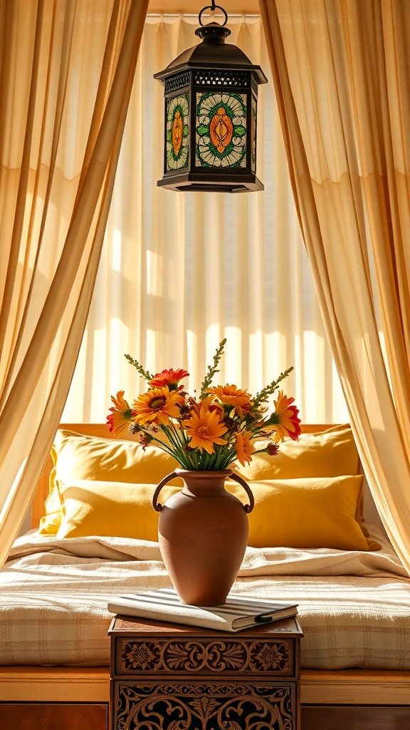 A cozy bedroom featuring a four-poster bed with yellow pillows, a decorative lantern, and a vase of flowers on a wooden nightstand.