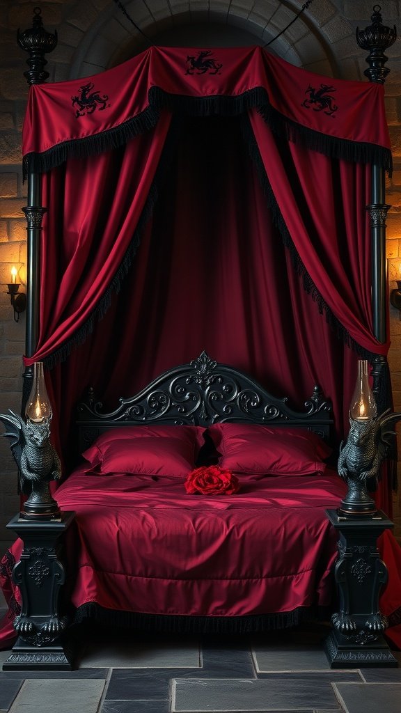 A luxurious four-poster bed with red drapes and black wooden frame, featuring dragon motifs and torch-like lamps.
