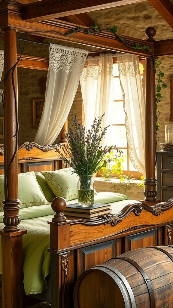A cozy room featuring a wooden four-poster bed with white curtains, a window with plants, and a barrel table with flowers.