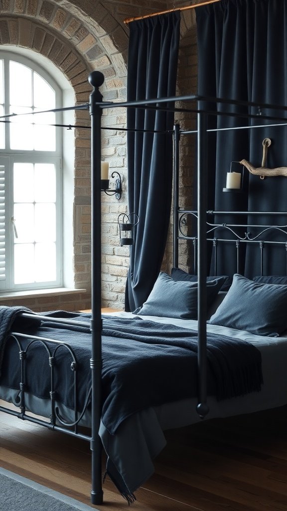 A cozy bedroom featuring a Lush Four-Poster Bed with dark curtains and stone walls, evoking the charm of the Iron Islands.