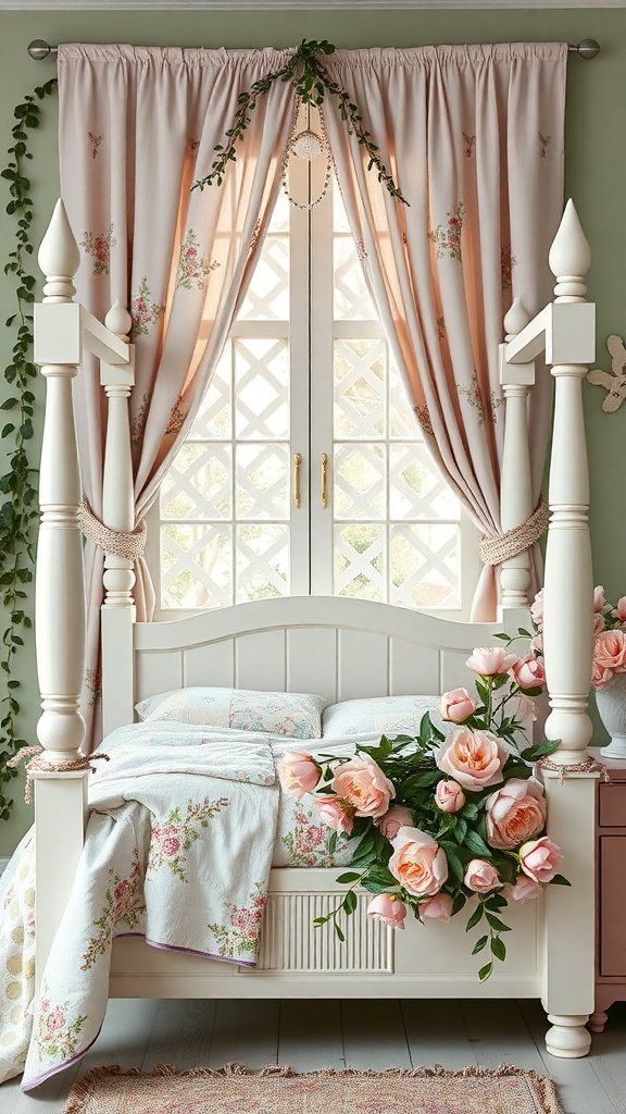 A beautifully styled four-poster bed with floral decorations and soft pastel curtains.