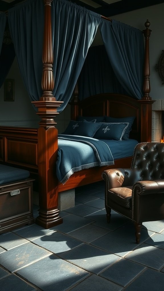A cozy four-poster bed with dark wood and blue fabric, accompanied by a leather chair and a fireplace.