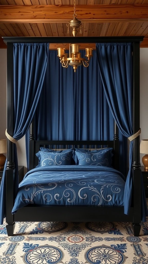 A luxurious four-poster bed with blue drapes and intricate bedding, set in a cozy room.