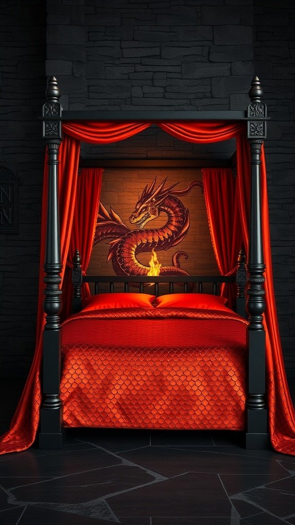 A luxurious four-poster bed with red fabric and a dragon mural on the wall, creating a dramatic and cozy atmosphere.