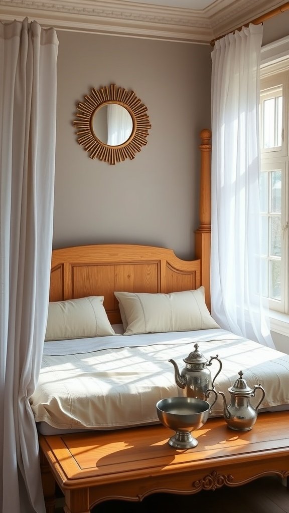 A cozy room with a four-poster bed, soft morning light, and silver tea sets.
