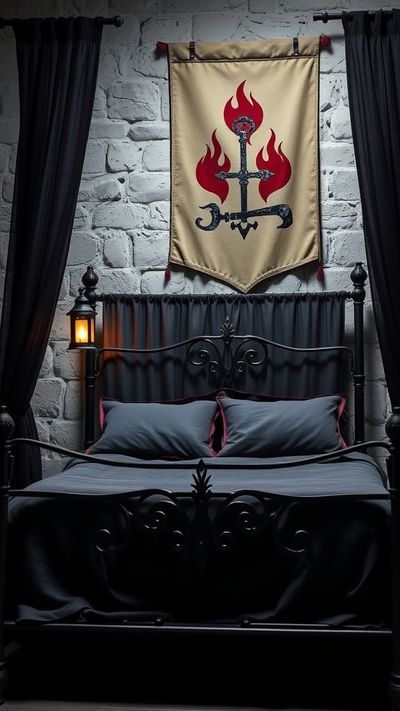 A dark four-poster bed with black curtains and a decorative banner above it, inspired by the theme of Blackwater Bastion.