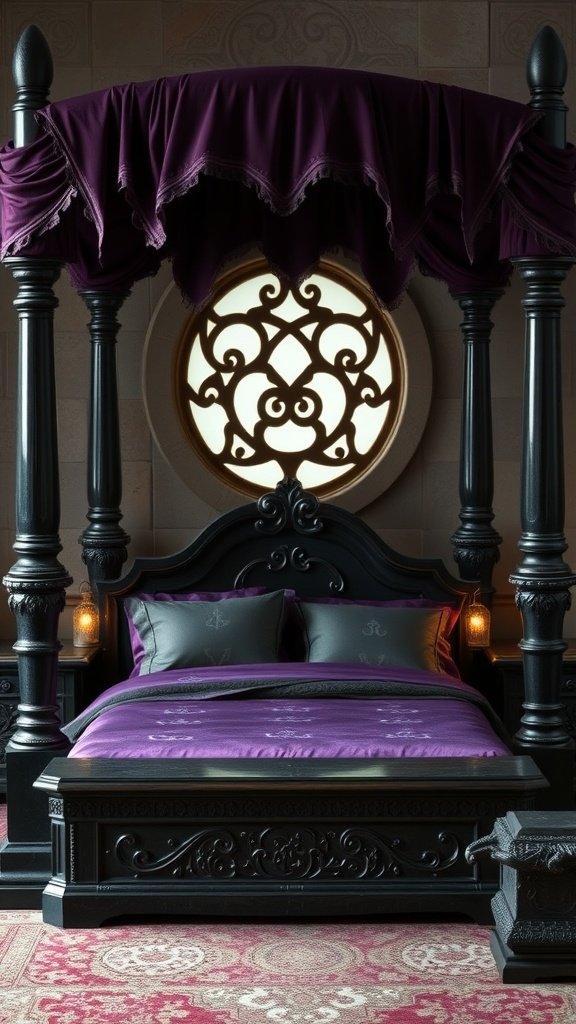 A luxurious four-poster bed with dark wood and purple drapery, featuring intricate carvings and warm lanterns.