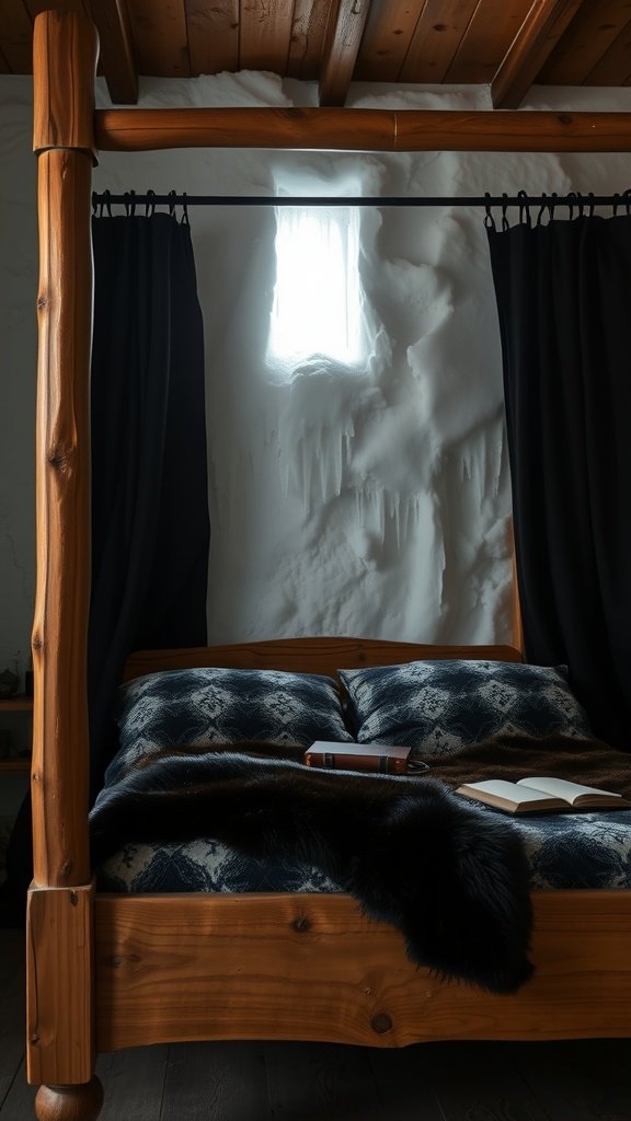 A cozy four-poster bed with dark curtains, faux fur blanket, and snow-covered walls, inspired by the Night's Watch.