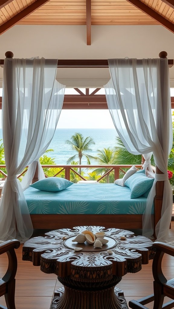 A serene bedroom featuring a lush four-poster bed with flowing curtains and an ocean view, complemented by a carved wooden table with seashells.