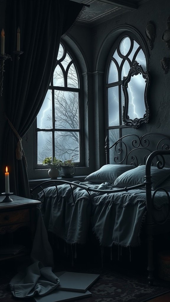 A dimly lit bedroom with a four-poster bed, stormy windows, and a flickering candle.