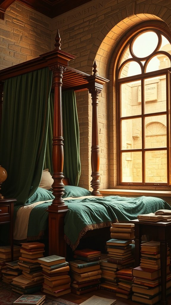 A cozy scholar's chamber featuring a Lush Four-Poster Bed with green drapes, surrounded by stacks of books and a large window.
