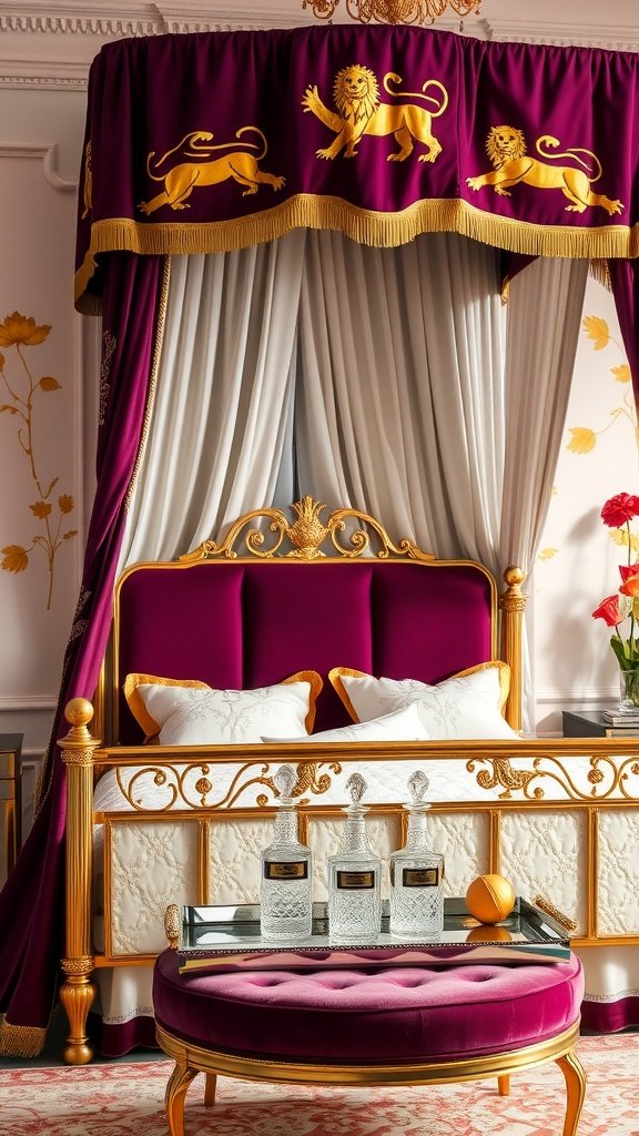 A luxurious bedroom featuring a Lush Four-Poster Bed with a purple canopy and golden lion designs, complemented by elegant decor.