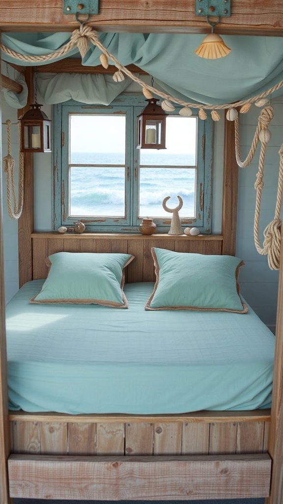 A cozy four-poster bed with ocean view, featuring soft pillows and decorative lanterns.