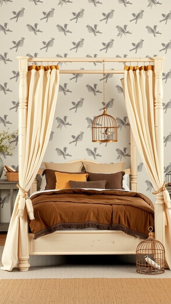 A cozy four-poster bed with soft curtains, surrounded by bird-themed wallpaper and two crows perched on top.