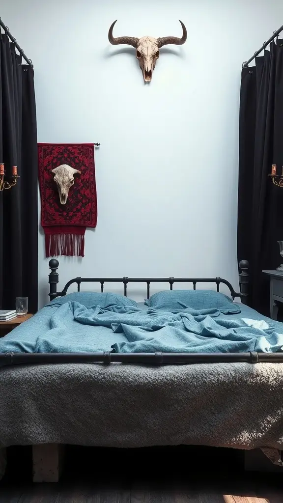 A cozy bedroom featuring a Lush Four-Poster Bed with blue bedding, dark curtains, and rustic decor including a bull skull.