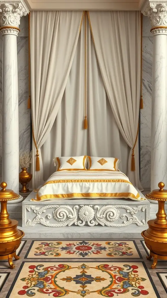 A luxurious bedroom featuring a four-poster bed with golden accents, marble columns, and ornate flooring.