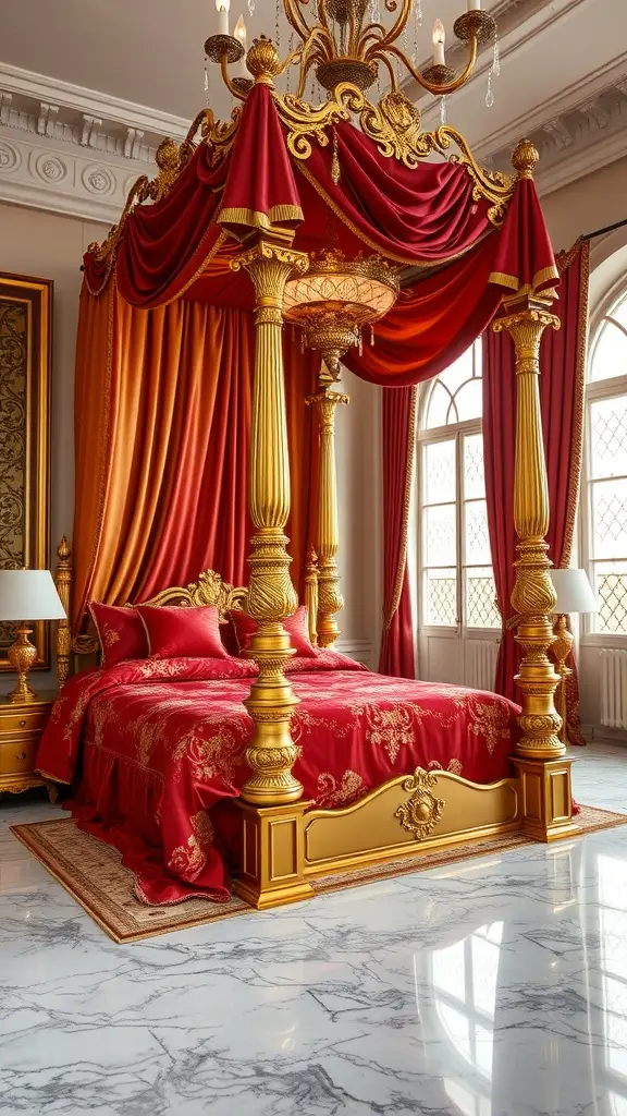 A luxurious four-poster bed with gold accents and red drapery, set in an elegant room.