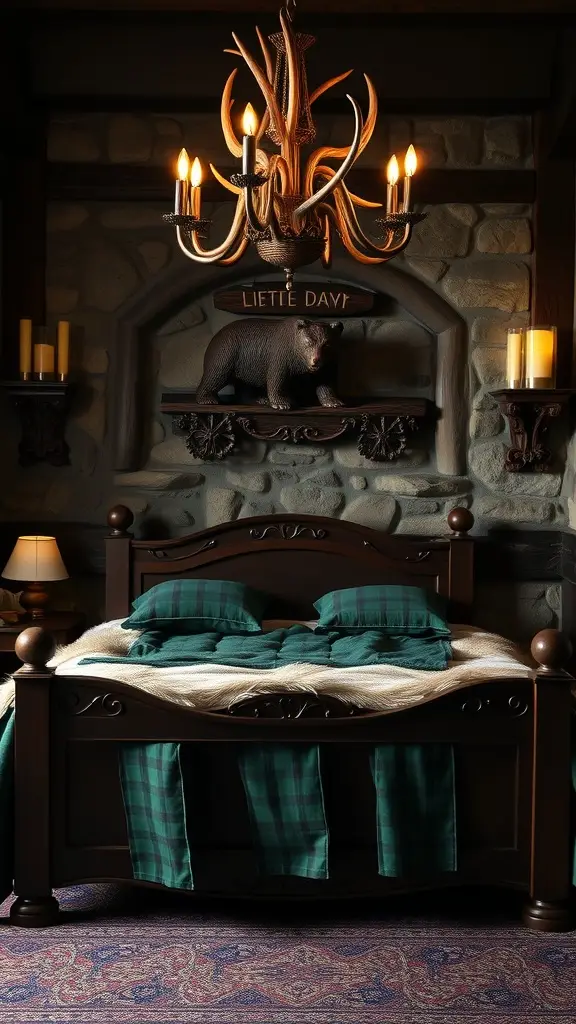 A cozy bedroom featuring a Lush Four-Poster Bed, antler chandelier, and bear statue decor.