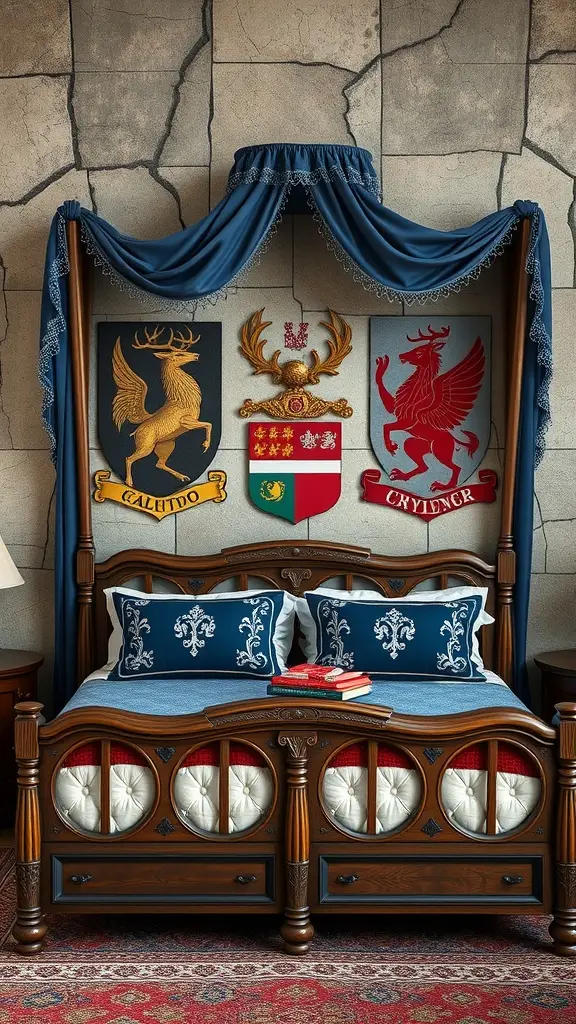 A four-poster bed with a blue canopy, featuring crests on the wall behind it, symbolizing the Twins' divided loyalties.