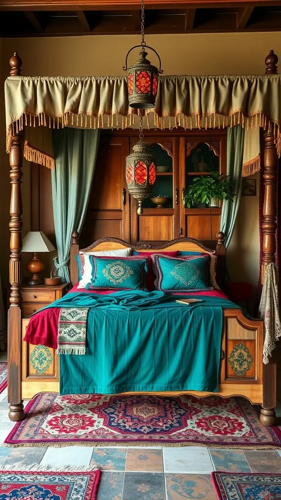 A cozy bedroom featuring a lush four-poster bed with vibrant textiles and decorative lanterns.