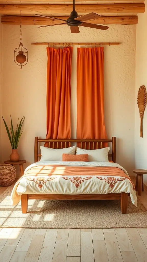 A cozy bedroom with a wooden bed, orange curtains, and natural decor.
