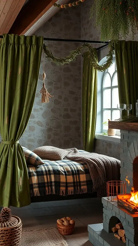 Cozy forest nook with a four-poster bed, green curtains, and a fireplace.
