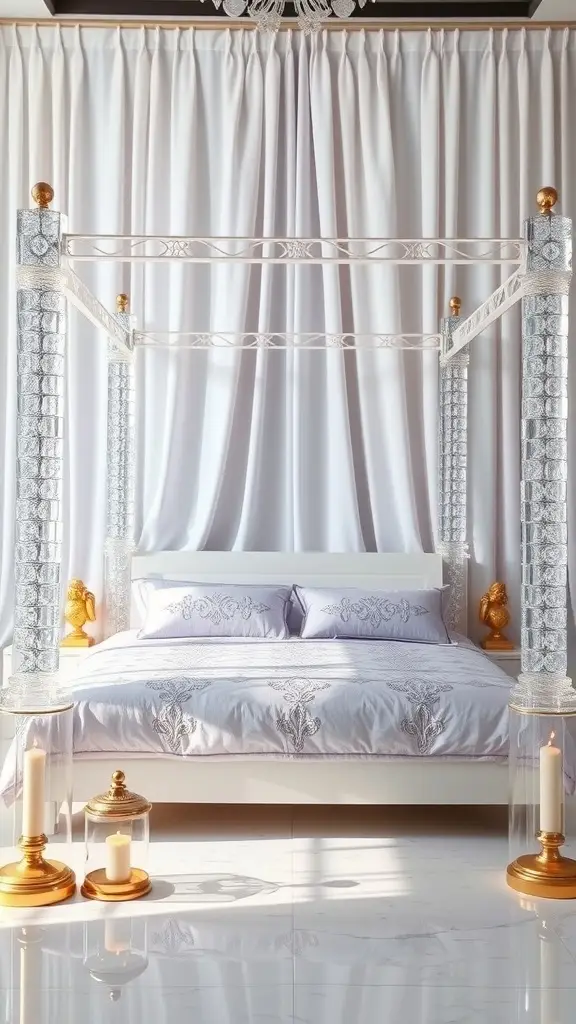 A luxurious four-poster bed with transparent pillars, lavender bedding, and golden accents in a bright room.