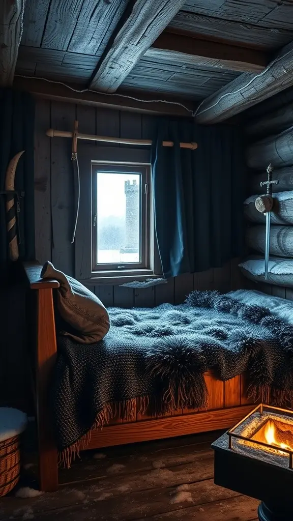 Cozy wooden bedroom with a bed, dark curtains, and a small fire.