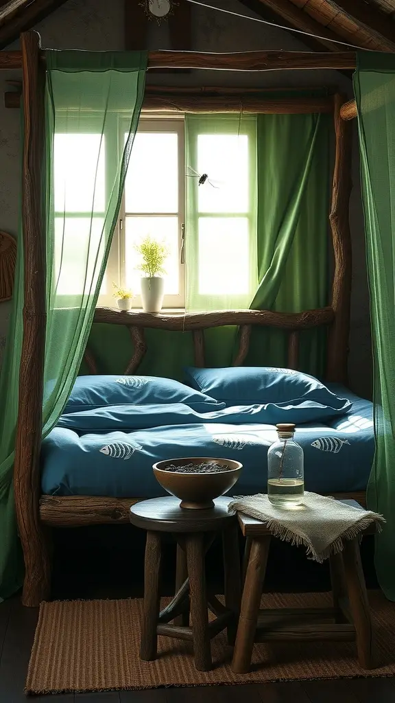 A cozy bedroom featuring a Lush Four-Poster Bed with blue bedding and green curtains, complemented by a rustic wooden frame and a small table with a bowl of berries.