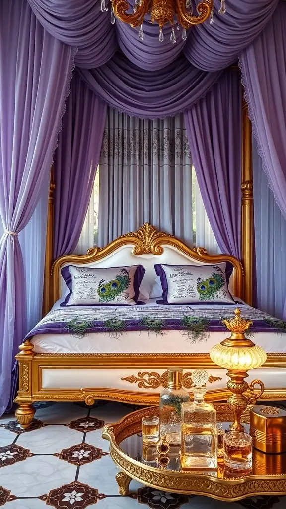 A luxurious four-poster bed with purple drapes and golden accents, featuring peacock-themed bedding and elegant glassware on a side table.