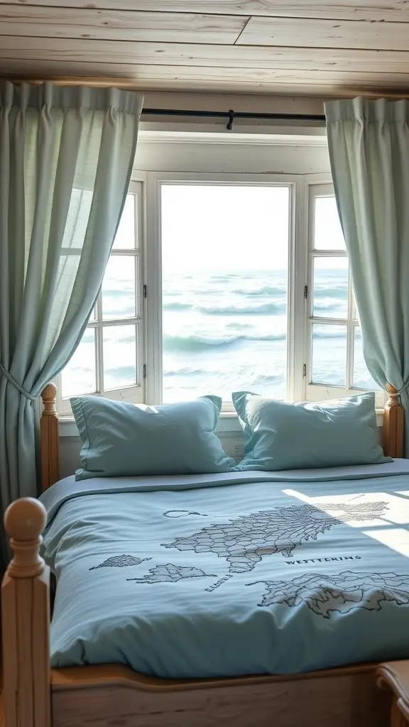 A cozy bedroom with a four-poster bed and a view of the ocean through large windows.