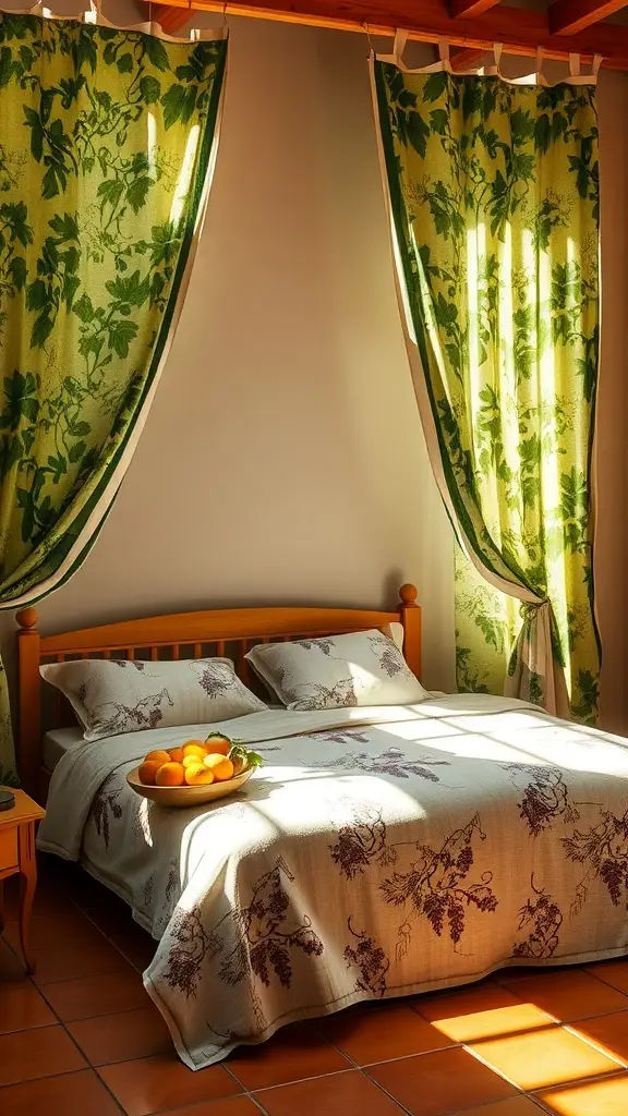 A cozy four-poster bed with floral curtains and a bowl of oranges on a bedside table.