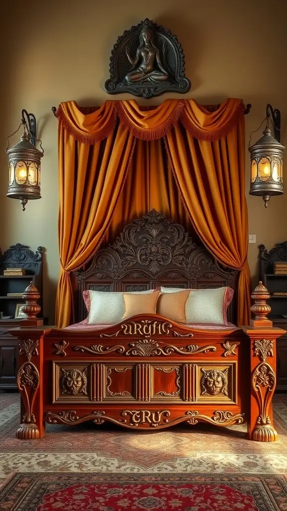 A beautifully designed four-poster bed with orange drapes and lantern lights on either side, inspired by the Seven Kingdoms.