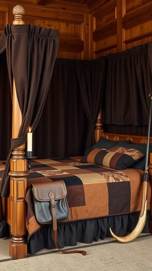 A Crakehall Boarhide Bed featuring a wooden four-poster design with dark bedding and curtains.
