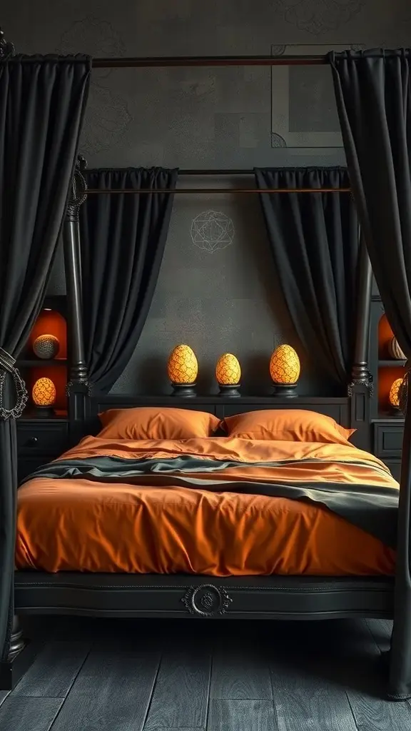 A luxurious four-poster bed with black curtains and orange bedding, surrounded by glowing lights resembling dragon eggs.