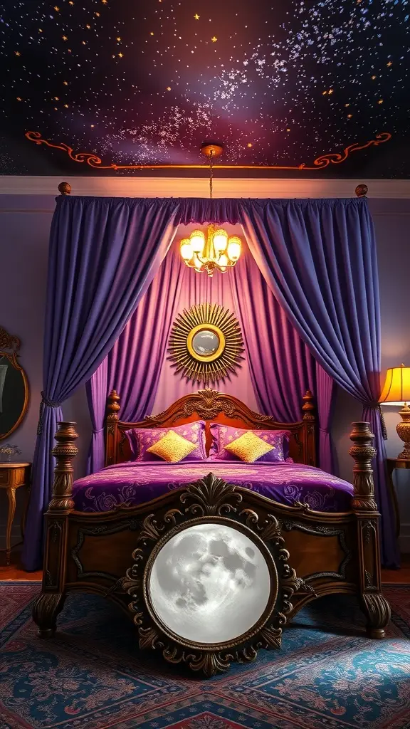 A luxurious bedchamber featuring a four-poster bed with purple drapes, golden pillows, and a starry ceiling.